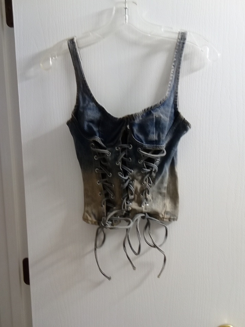 PrettyLittleThing Blue and Beige Lace-Up Denim Corset Top